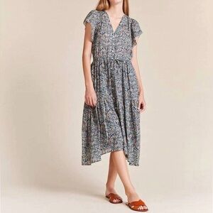 Trovata Kristi Cottagecore Cotton/Ramie Midi Dress in Blue Floral Boho L